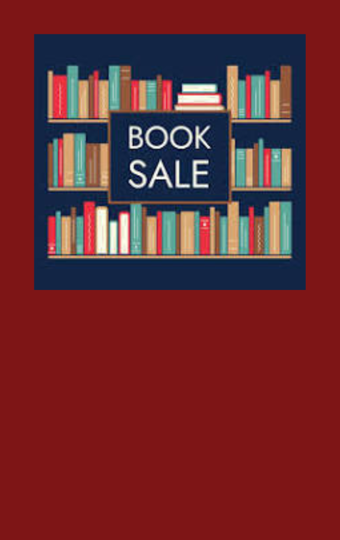 shelf with books on it with the words "book sale" in the center