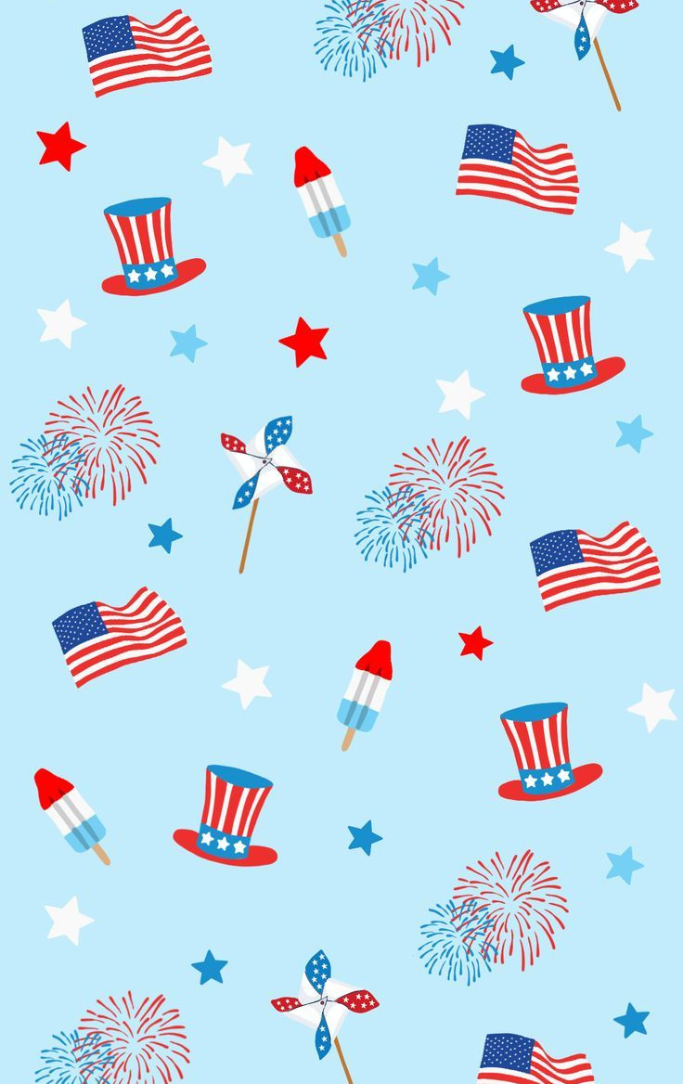 light blue background with rockets, American flags, and fireworks