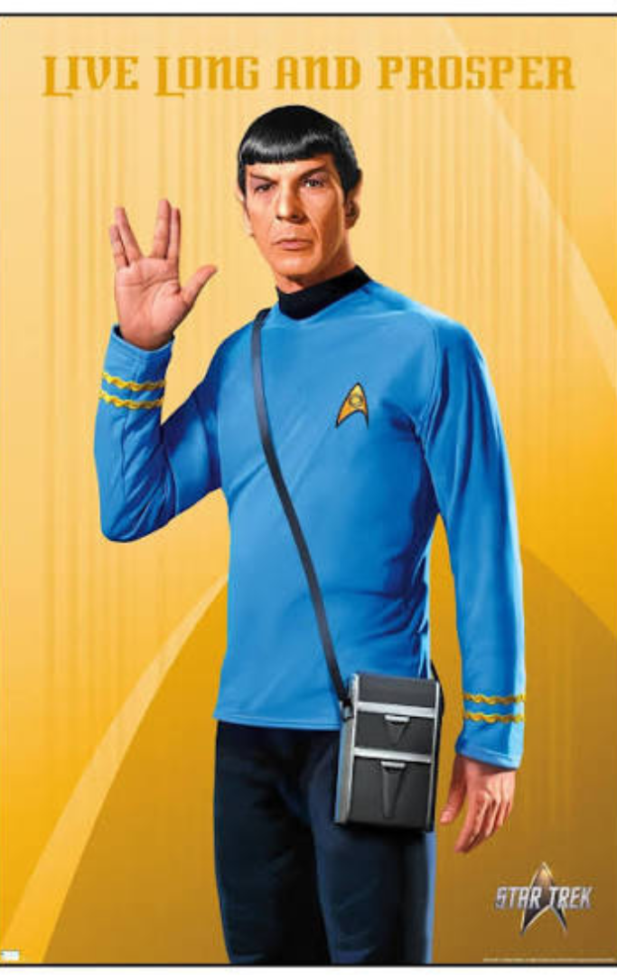 Man in blue shirt and the words Live Long and Prosper above him