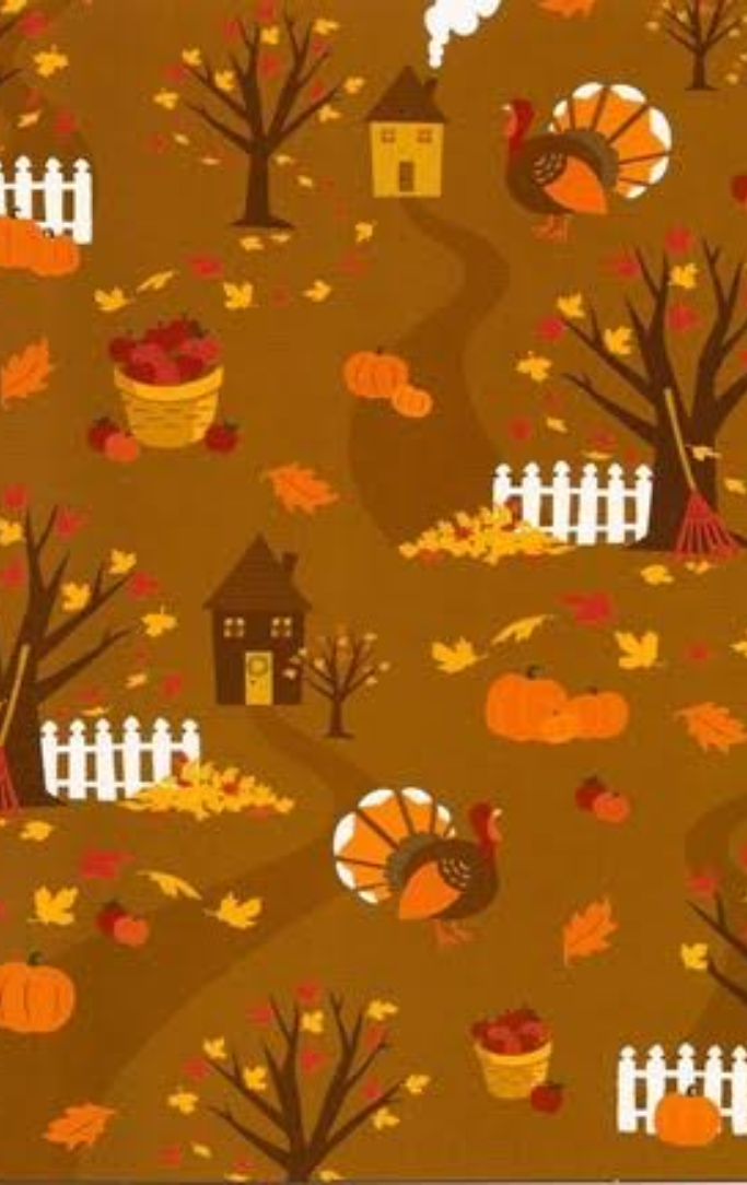 Brown background with leaves, baskets of apples, trees, fall leaves and turkeys