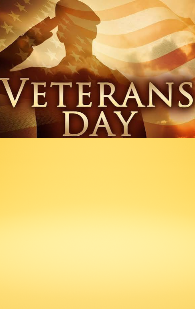 A man saluting with flag behind him and the words Veterans Day