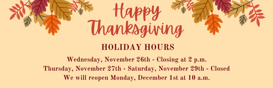 Library closes at 2 on november 26 and is then closed november 27-29